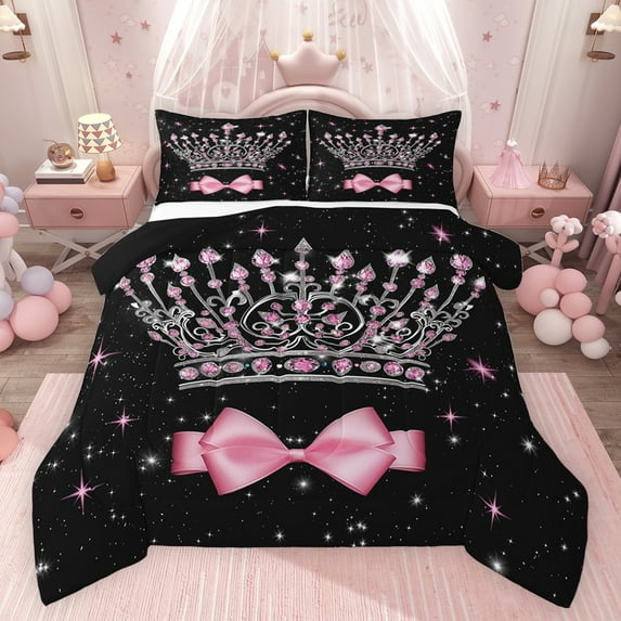 Castle Fairy Girls Bling Pink Crystal Crown Bedding Comforter Set 2pcs,Kawaii Ribbon Bow Twin Comforter Sets Microfiber,Stars Print Glitter Breathable Bedding Set,Super Cozy Room Decor,Reversible
