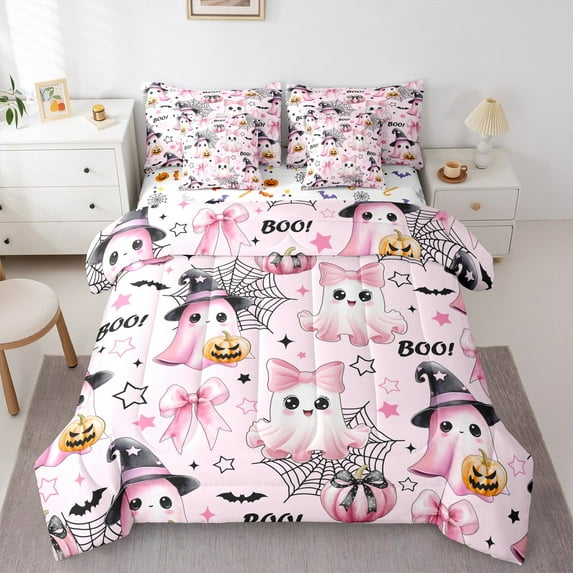 Castle Fairy Girls Bowknot Ghost 7pcs Bedding Comforter Set,Halloween Pumpkin Queen Bedding Sets Super Cozy,Stars Print Queen Sheet Sets,Breathable Home Decor