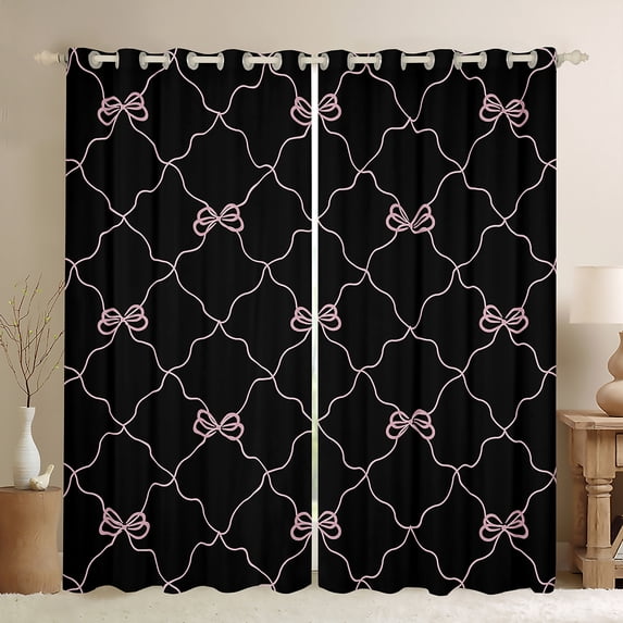 Castle Fairy Girls Cartoon Bow-Tie Black Out Curtains,Black Pink Curtains Pack of 2 (42x63 Each),Geometric Plaid Bedroom Curtains,Ultra Soft Home Decor