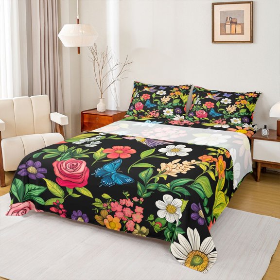 Castle Fairy Girls Cartoon Butterflies Bird Twin Sheet Sets,Colorful Flowers Bedding