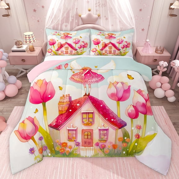 Castle Fairy Girls Cartoon Fairy Twin Comforter Sets,Cute Floral Castle Bedding Set