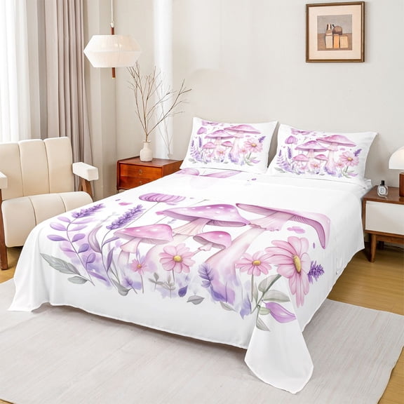Castle Fairy Girls Cartoon Mushroom Bed Sheets,Purple Flowers King Sheets