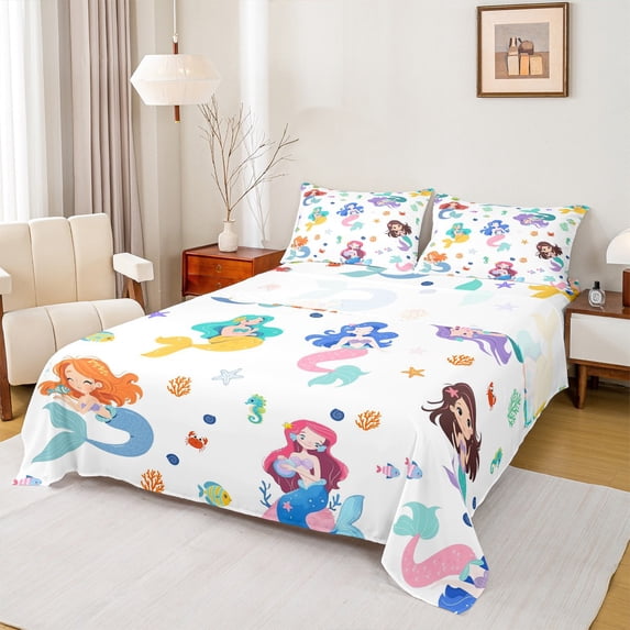 Castle Fairy Girls Cartoon Ocean Mermaid 4pcs Bed Sheets,Cute Marine Princess King Sheets,Sea Theme Super Cozy Sheet Set,Lightweight Room Decor