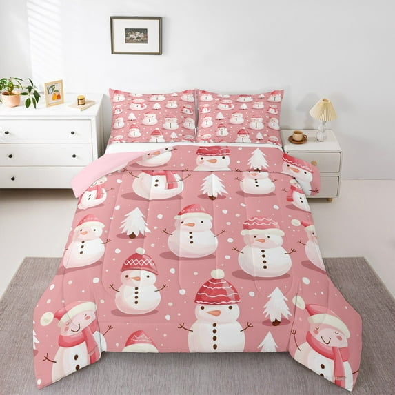 Castle Fairy Girls Cartoon Snowman 2pcs Bedding Comforter Set,Pink White Twin Comforter Sets,Happy New Year Breathable Bedding Set,Lightweight Room Decor