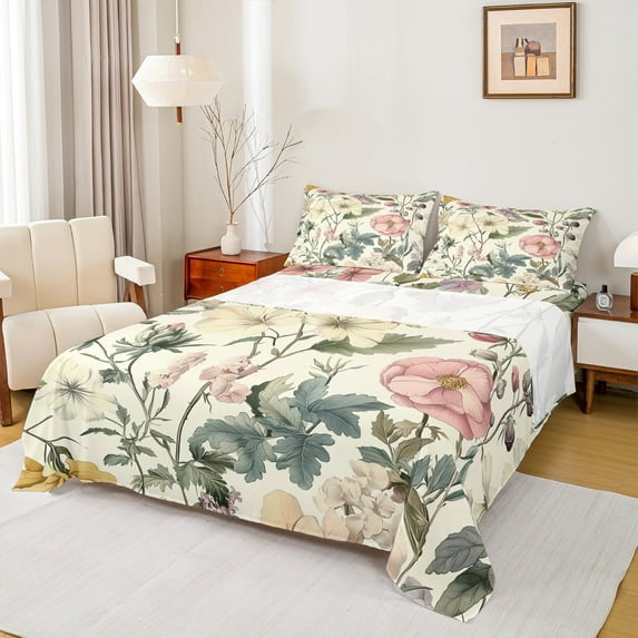 Castle Fairy Girls Chic Flower 3pcs Twin Sheet Sets,Spring Graden Twin Fitted Sheet,Botanical Plants Breathable Flat Sheet,Luxury Bedroom Decor
