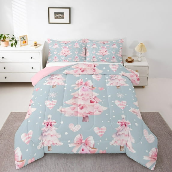 Castle Fairy Girls Christmas Tree 2pcs Bedding Comforter Set,Bow Love Heart Twin Comforter Sets,Blue Pink Breathable Bedding Set,Lightweight Room Decor