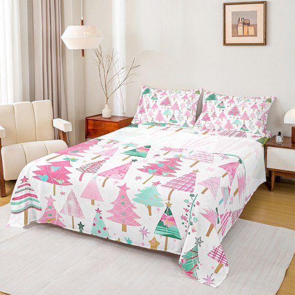 Castle Fairy Girls Christmas Tree 4 Pieces Queen Sheet Sets,Geometric Plaid Ultra Soft Flat Sheet,Festival Xmas Queen Fitted Sheet,Super Cozy Room Decor