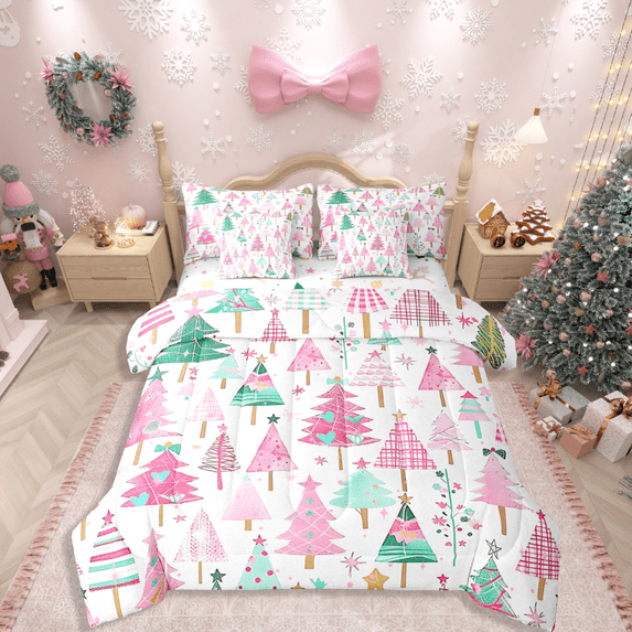Castle Fairy Girls Christmas Tree 7 Pieces Bedding Comforter Set,Geometric Plaid Full Bedding Set Lightweight,Festival Xmas Fitted Sheet Flat Sheet,Super Cozy Room Decor