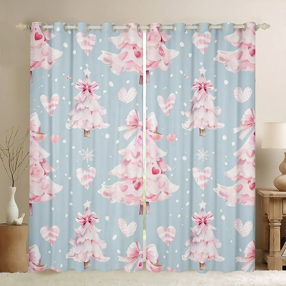 Castle Fairy Girls Christmas Tree Black Out Curtains,Bow Love Heart Curtains Pack of 2 (42x63 Each),Blue Pink Bedroom Curtains,Lightweight Room Decor