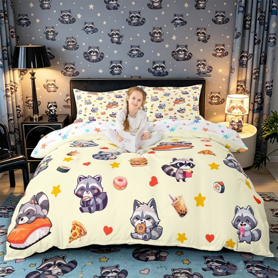 Castle Fairy Girls Cute Cartoon Food Raccoon Bedding,Heart Star Snack Base Duvet Cover Full,Cream Yellow Pink,Reversible,3pcs,No Comforter,1 Duvet Cover and 2 Pillowcases