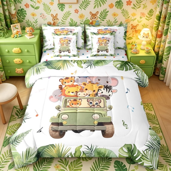 Castle Fairy Girls Cute Cartoon Safari Animal 7-Piece Twin Bedding,Tropical Leaf Truck Bedding Comforter Set,Green White,Reversible