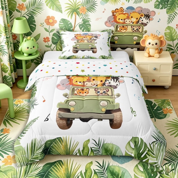 Castle Fairy Girls Cute Cartoon Safari Animal Twin Comforter Sets 2pcs,Tropical Leaf Truck Bedding Set,Green White,Reversible,1 Comforter and 1 Pillowcase