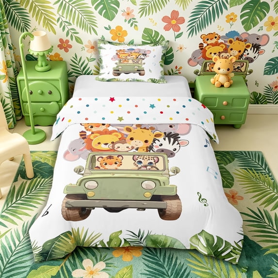Castle Fairy Girls Cute Cartoon Safari Animal Twin Duvet Cover,Tropical Leaf Truck Twin Bedding,Green White,Reversible,2pcs,No Comforter,1 Duvet Cover and 1 Pillowcase