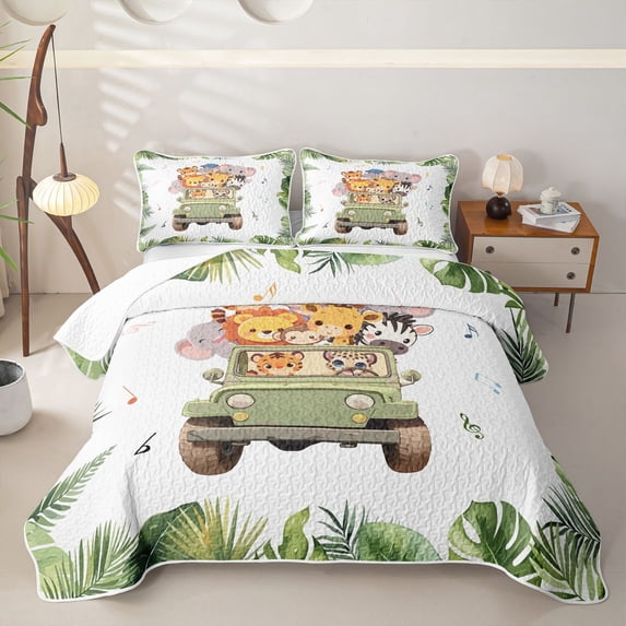 Castle Fairy Girls Cute Cartoon Safari Animal Twin Quilt Set,Tropical Leaf Truck Twin Coverlet Set,Green White