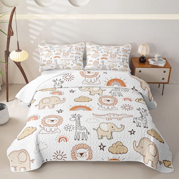 Castle Fairy Girls Cute Safari Animal Quilt Full,Lion Elephant Giraffe Cloud Rainbow Full Bedspread Sets,Beige Pink White