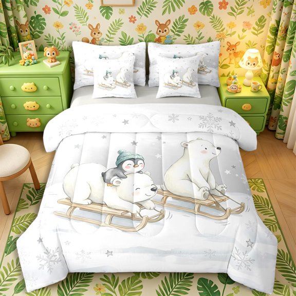 Castle Fairy Girls Cute Watercolor Polar Bear 7-Piece Twin Bedding,Penguin Sled Snowflake Bedding Comforter Set,White Gray,Grey Reversible