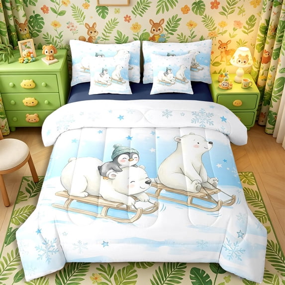 Castle Fairy Girls Cute Watercolor Polar Bear Queen Bedding 7pcs,Penguin Sled Snowflake Bedding Comforter Set Queen,Blue White,Navy Blue Reversible