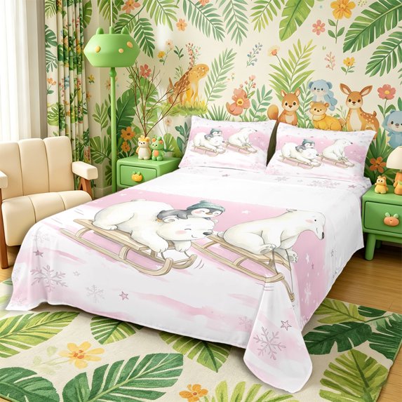 Castle Fairy Girls Cute Watercolor Polar Bear Queen Sheets 4 Pieces,Penguin Sled Snowflake Queen Sheet Sets,Pink White,1 Fitted Sheet, 1 Flat Sheet and 2 Pillowcases