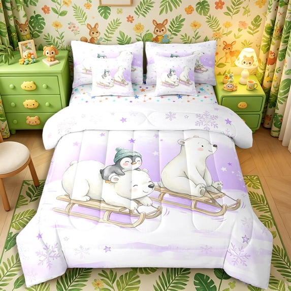 Castle Fairy Girls Cute Watercolor Sledding Polar Bear 7-Piece Twin Bedding,Warm Penguin Snowflake Bedding Comforter Set,Purple White,Reversible
