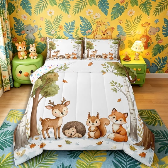 Castle Fairy Girls Cute Watercolor Woodland Animal Full Size Comforter Sets 3-Piece,Autumn Birch Falling Leaf Bedding Comforter Set,Brown Green White,Reversible,1 Comforter and 2 Pillowcases