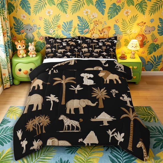 Castle Fairy Girls Elephant Zebra Lion Palm Tree King Size Comforter Sets 3pcs,Animal Koala Comforters King Size,Brown Black,Black Reversible,1 Comforter and 2 Pillowcases