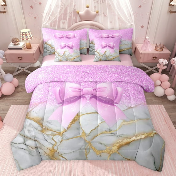 Castle Fairy Girls Female Bling Glitter Bow Knot Bedding Comforter Set 7pcs,Dreamy Princess Ribbon Bow Queen Bedding Sets Super Cozy,Marbling Watercolor Queen Sheet Sets,Microfiber Bedroom Decor