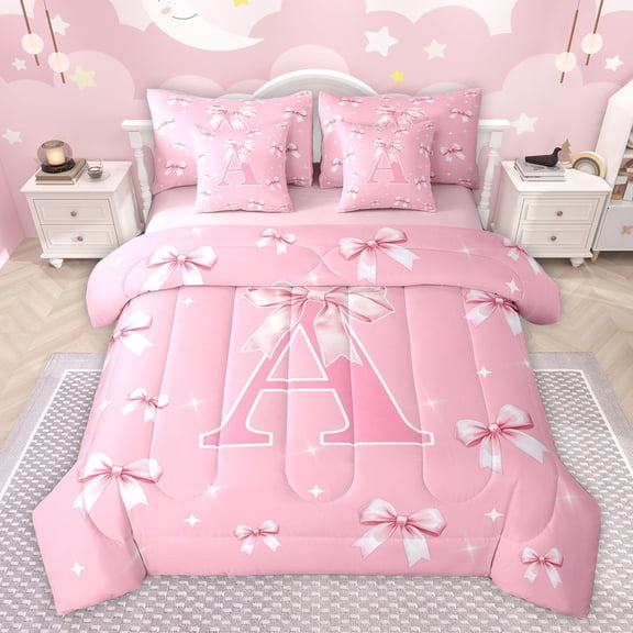 Castle Fairy Girls Female Cartoon Ribbon Bow Initial Alphabet A Twin Bedding Sets 7-Piece,Dreamy Princess Bedding Comforter Set Microfiber,Cute Bow Knot Breathable Sheet Sets,Breathable Home Decor