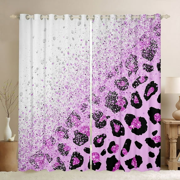 Castle Fairy Girls Female Women Animal Leopard Print Blackout Curtains Set of 2 (52x84 Each),Bling Purple Glitter Window Curtains,Dreamy Princess Curtains and Drapes,Ultra Soft Home Decor