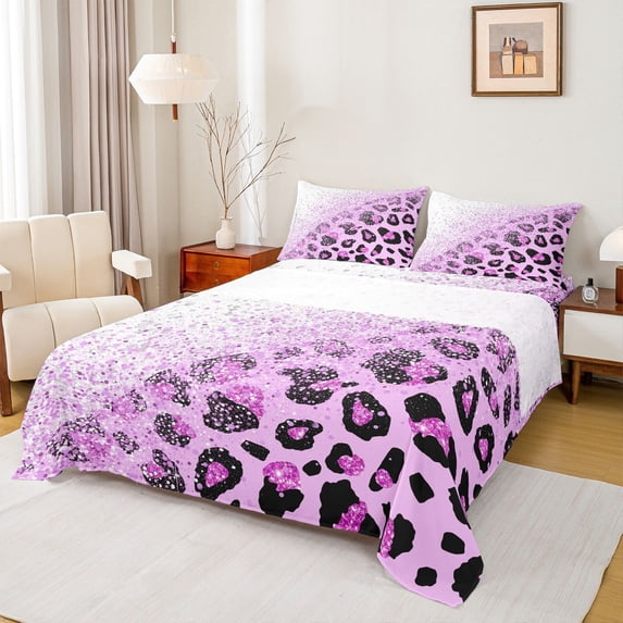 Castle Fairy Girls Female Women Animal Leopard Print Full Size Sheets 4-Piece,Bling Purple Glitter Breathable Bed Sheets,Dreamy Princess Lightweight Sheet Sets,Ultra Soft Home Decor