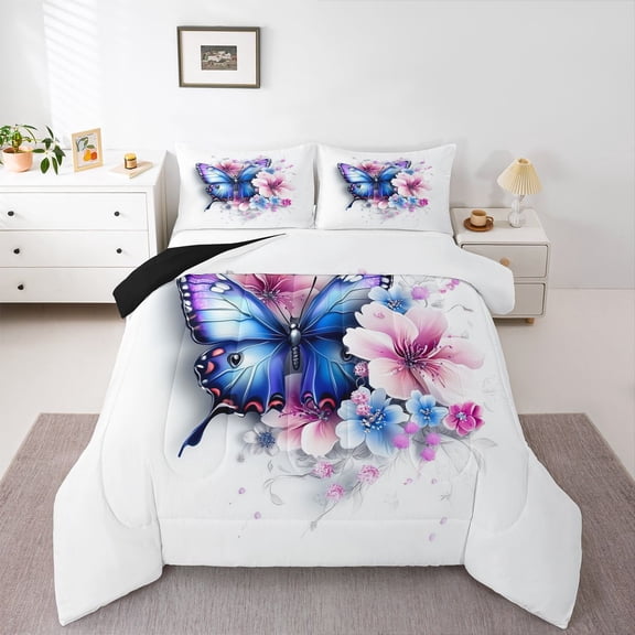 Castle Fairy Girls Floral Butterfly Twin Comforter Sets,Blue Pink Bedding Set