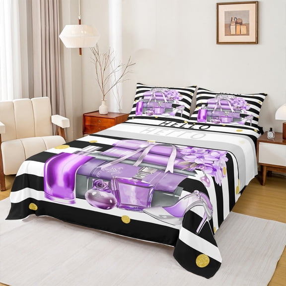 Castle Fairy Girls Flower Pink Fashion 4 Pieces Queen Sheet Sets,Kawaii Bow Ultra Soft Flat Sheet,Geometric Stripes Queen Fitted Sheet,Super Cozy Room Decor