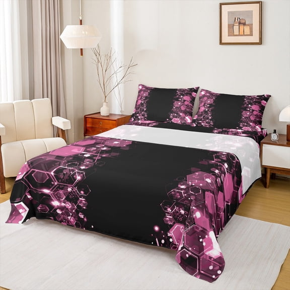 Castle Fairy Girls Geometric Honeycomb 4 Pieces Queen Sheet Sets,Gradient Hexagon Ultra Soft Flat Sheet,Abstract Geometric Queen Fitted Sheet,Microfiber Bedroom Decor