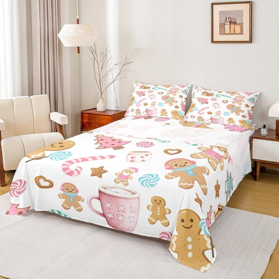Castle Fairy Girls Gingerbread Man 3pcs Twin Sheet Sets,Candy Cane Twin Fitted Sheet,Festival Xmas Breathable Flat Sheet,Super Cozy Room Decor