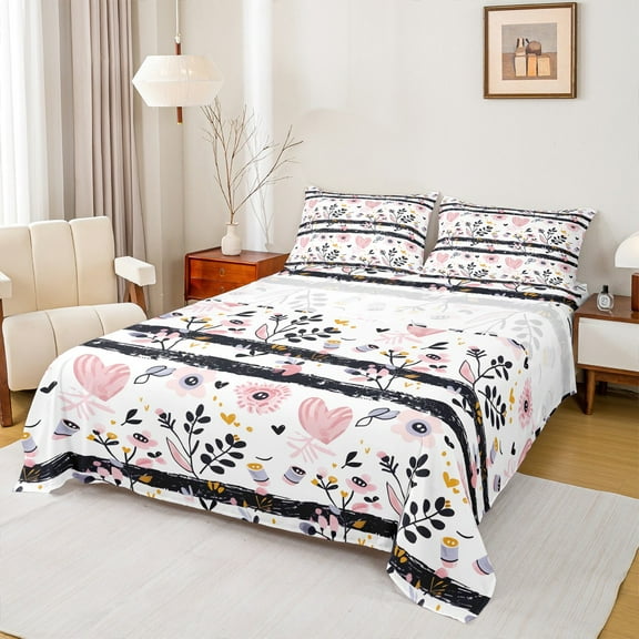 Castle Fairy Girls Groovy Flower 4pcs Bed Sheets,Love Heart Print King Sheets,Geometric Stripes Super Cozy Sheet Set,Ultra Soft Home Decor