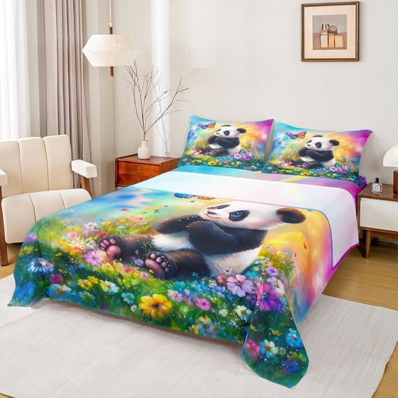 Castle Fairy Girls Kawaii Animal Panda Twin Sheet Sets,Colorful Flowers Butterfly Bedding