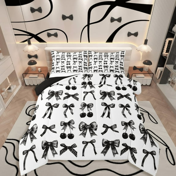 Castle Fairy Girls Kawaii Bow 2pcs Bedding Comforter Set,Dreamy Princess Twin Comforter Sets,Black White Breathable Bedding Set,Lightweight Room Decor