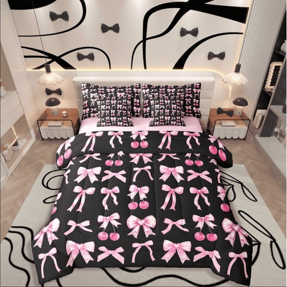 Castle Fairy Girls Kawaii Bow 7-Piece Twin Bedding Sets,Dreamy Princess Bedding Comforter Set,Black Pink Breathable Sheet Sets,Lightweight Room Decor