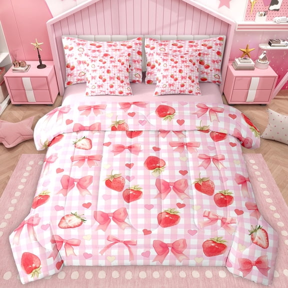 Castle Fairy Girls Kawaii Ribbon Bowknot Twin Bedding Sets 7-Piece,Cartoon Strawberry Love Heart Bedding Comforter Set Microfiber,Geometric Plaid Breathable Sheet Sets,Microfiber Bedroom Decor