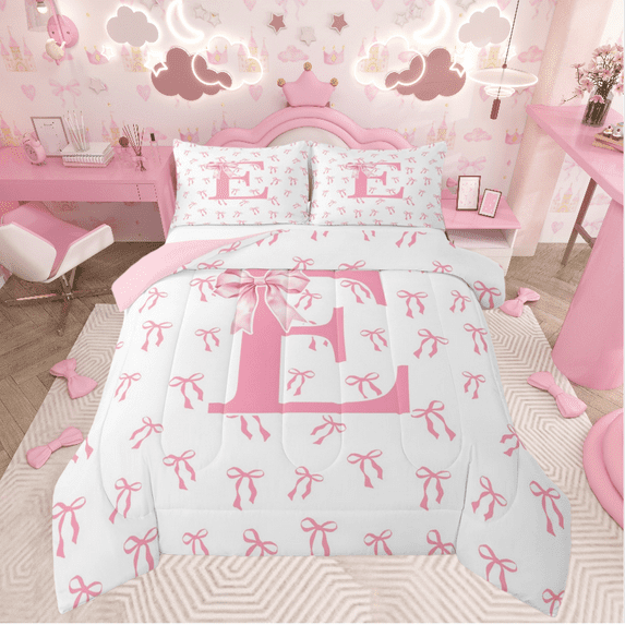 Castle Fairy Girls Monogrammed Letter 2pcs Bedding Comforter Set,Pink Bow Twin Comforter Sets,Dreamy Princess Breathable Bedding Set,Super Cozy Room Decor