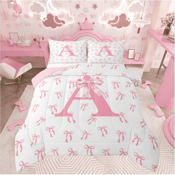Castle Fairy Girls Monogrammed Letter 2pcs Bedding Comforter Set,Pink Bow Twin Comforter Sets,Dreamy Princess Breathable Bedding Set,Super Cozy Room Decor