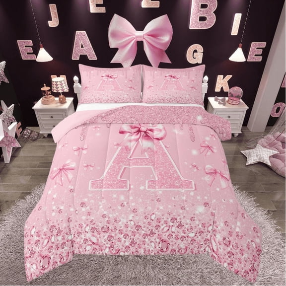 Castle Fairy Girls Monogrammed Letter 3-Piece Full Size Comforter Sets,Sparkling Sequin Crystal Bedding Comforter Set,Pink Bowknot Lightweight Bedding Sets,Super Cozy Room Decor