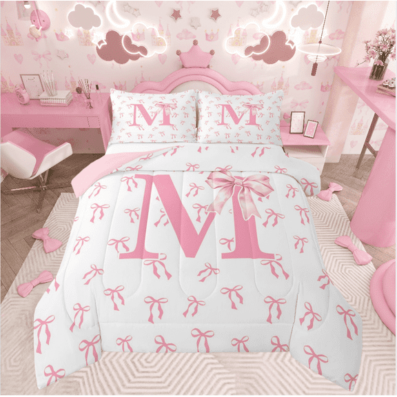 Castle Fairy Girls Monogrammed Letter 3 Pieces Queen Comforter Set,Pink Bow Ultra Soft Bedding Sets,Dreamy Princess Bedding Comforter Set,Super Cozy Room Decor