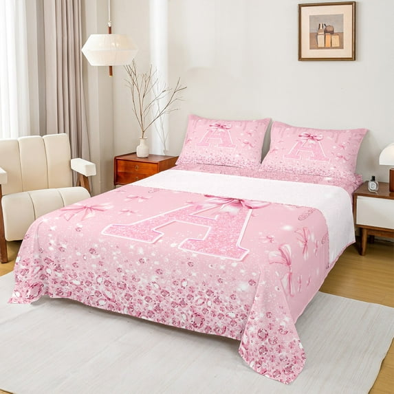 Castle Fairy Girls Monogrammed Letter 3pcs Twin Sheet Sets,Sparkling Sequin Crystal Twin Fitted Sheet,Pink Bowknot Breathable Flat Sheet,Super Cozy Room Decor