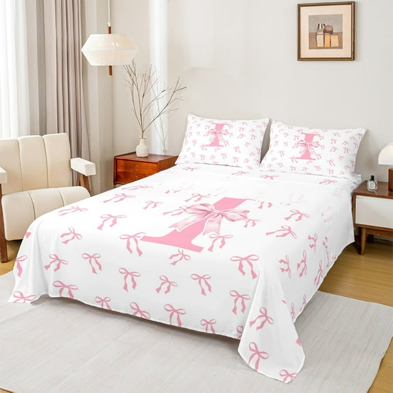 Castle Fairy Girls Monogrammed Letter 4-Piece Full Size Sheets,Pink Bow Bed Sheets,Dreamy Princess Lightweight Sheet Sets,Super Cozy Room Decor