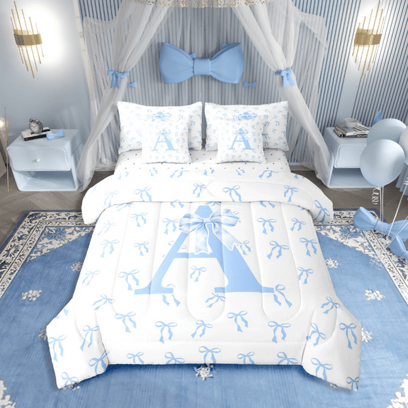 Castle Fairy Girls Monogrammed Letter 7-Piece Twin Bedding Sets,Blue Bow Bedding Comforter Set,Dreamy Princess Breathable Sheet Sets,Super Cozy Room Decor