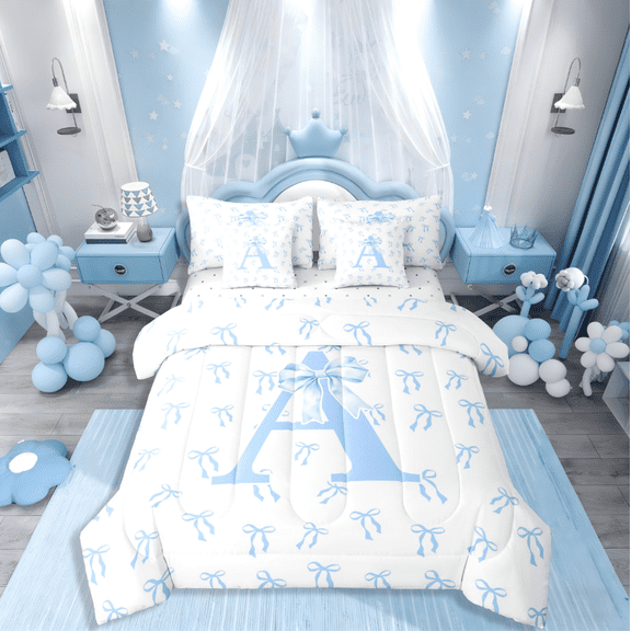 Castle Fairy Girls Monogrammed Letter 7-Piece Twin Bedding Sets,Blue Bow Bedding Comforter Set,Dreamy Princess Breathable Sheet Sets,Super Cozy Room Decor