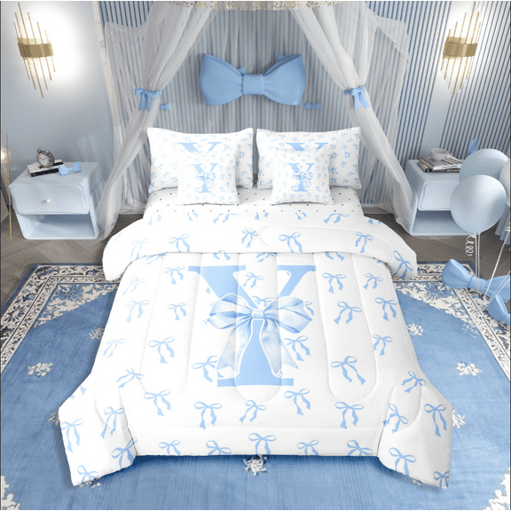 Castle Fairy Girls Monogrammed Letter 7-Piece Twin Bedding Sets,Blue Bow Bedding Comforter Set,Dreamy Princess Breathable Sheet Sets,Super Cozy Room Decor