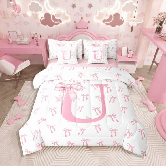 Castle Fairy Girls Monogrammed Letter 7-Piece Twin Bedding Sets,Pink Bow Bedding Comforter Set,Dreamy Princess Breathable Sheet Sets,Super Cozy Room Decor