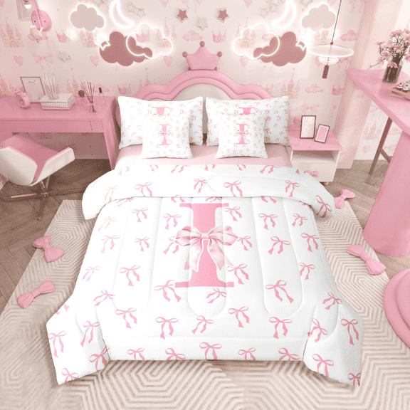 Castle Fairy Girls Monogrammed Letter 7-Piece Twin Bedding Sets,Pink Bow Bedding Comforter Set,Dreamy Princess Breathable Sheet Sets,Super Cozy Room Decor