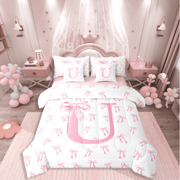 Castle Fairy Girls Monogrammed Letter 7-Piece Twin Bedding Sets,Pink Bow Bedding Comforter Set,Dreamy Princess Breathable Sheet Sets,Super Cozy Room Decor